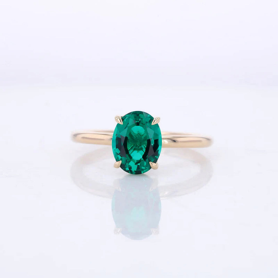 7x9mm, 2.20ct Oval Lab-Grown Zambian Emerald Solitaire Ring in 14K Yellow Gold