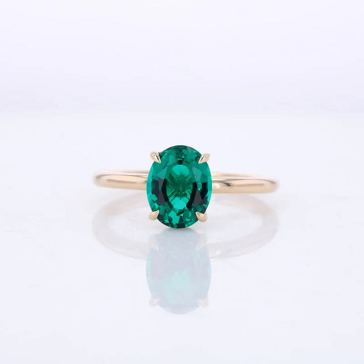 7x9mm, 2.20ct Oval Lab-Grown Zambian Emerald Solitaire Ring in 14K Yellow Gold