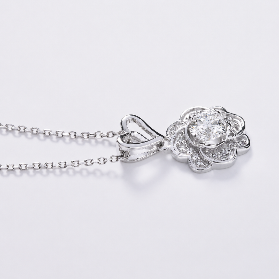 10mm, 0.5ct Round Cut Lab Diamond Rose Pendant Necklace in 18K Solid White Gold