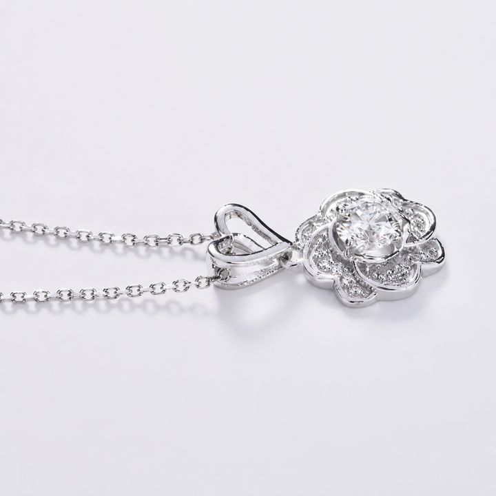 10mm, 0.5ct Round Cut Lab Diamond Rose Pendant Necklace in 18K Solid White Gold