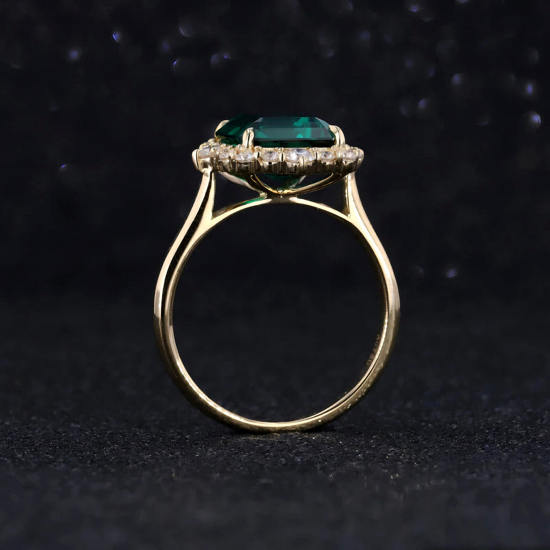 9x11mm, 4.60ct Lab-Grown Zambian Emerald with Diamond Halo Ring in 18K Yellow Gold