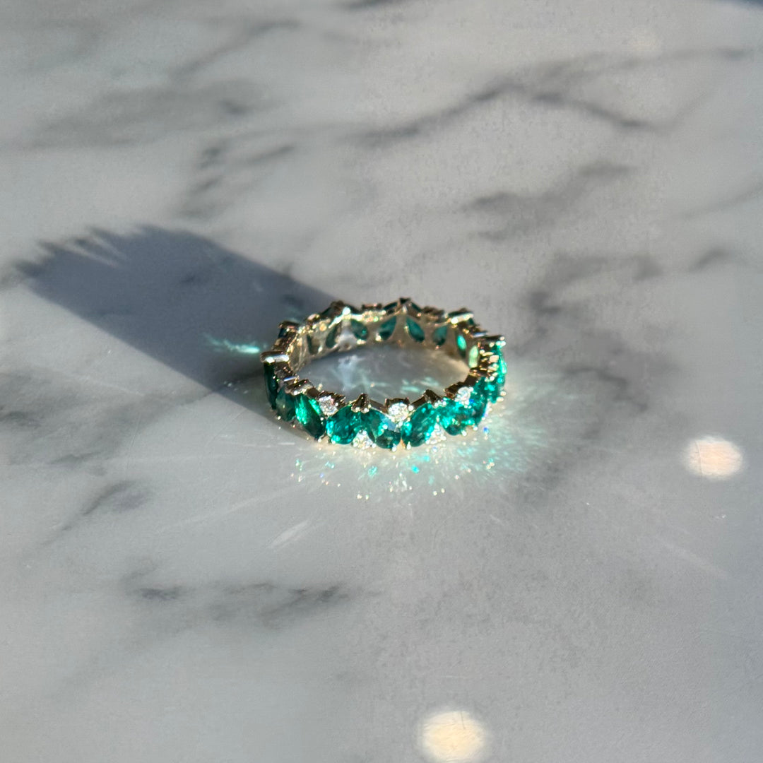 Customized™ 5mm, 2.88ctw Pear Lab-Grown Zambian Emerald & Round Diamond Eternity Band in Yellow Gold