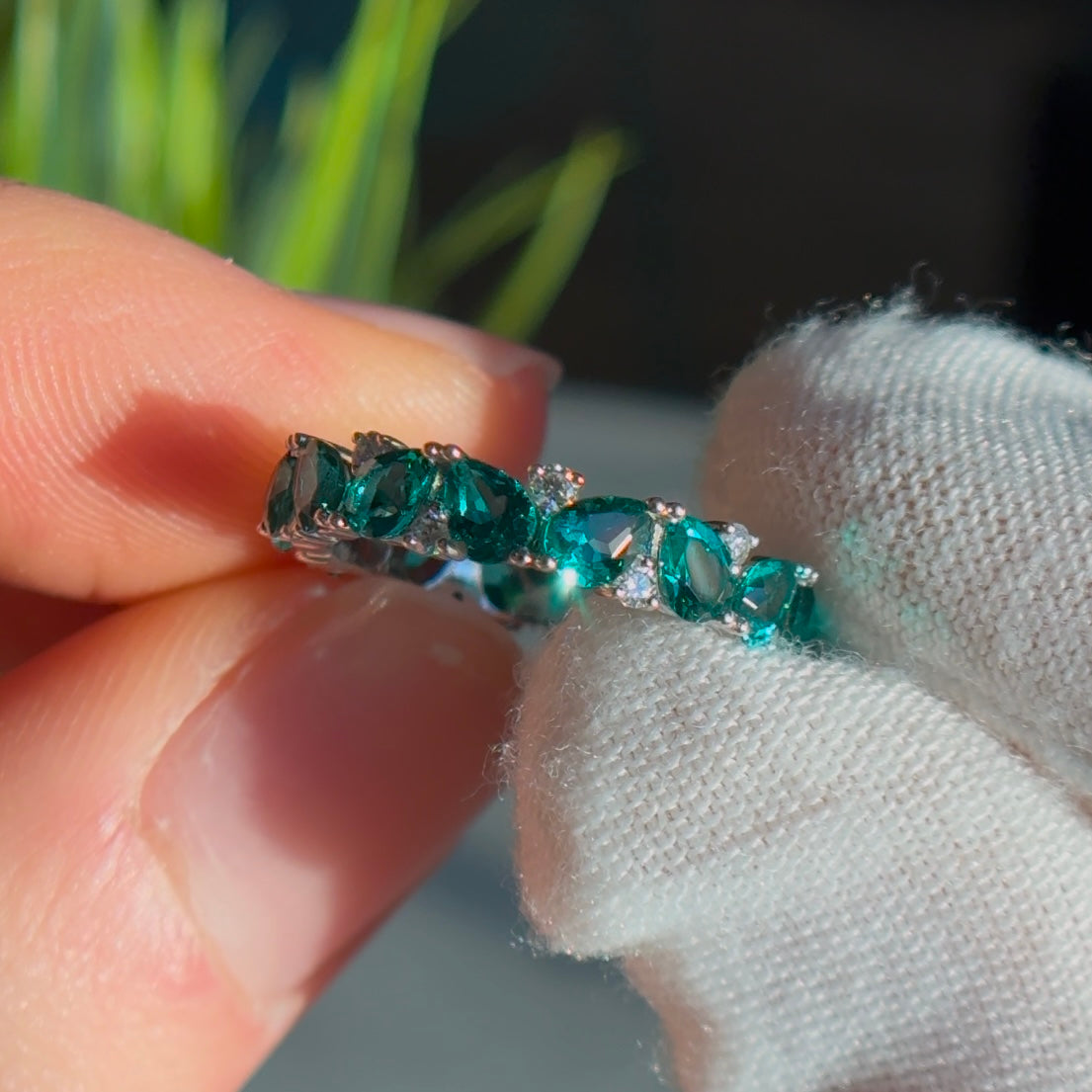 Customized™ Pear-Cut Lab-Grown Zambian Emerald & Round Moissanite Eternity Band in 14K Solid White Gold