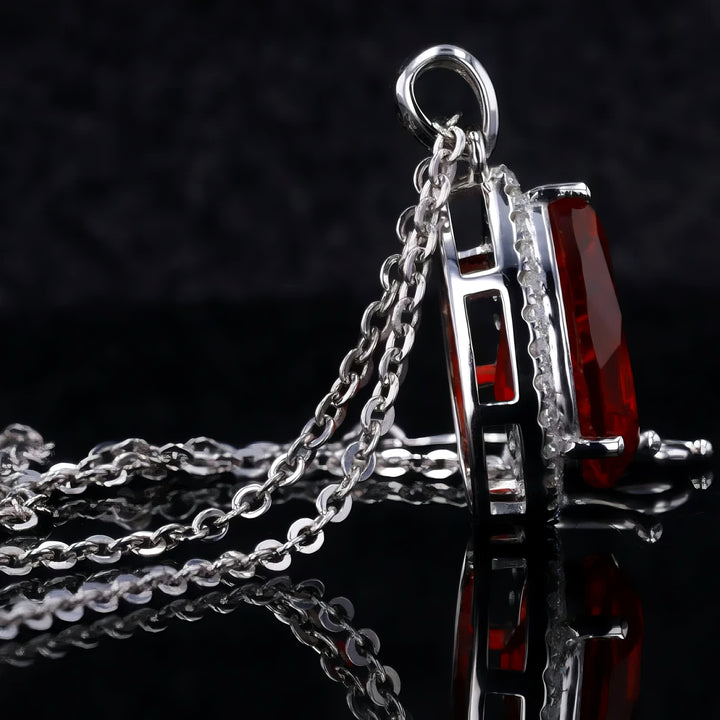 9x13mm, 7.00ct Pear Lab-Grown Red Ruby with Diamond Halo Pendant Necklace in Platinum