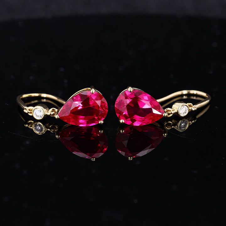 5x7mm, 1ct Each Pear Lab-Grown Ruby with Accent Diamond Dangle Earrings in 14K Yellow Gold