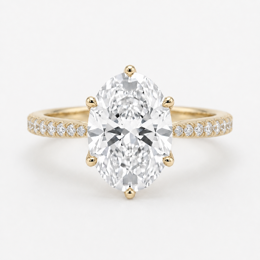 Oval Diamond Ring with Diamond Band, "Lotus Lace Bold"