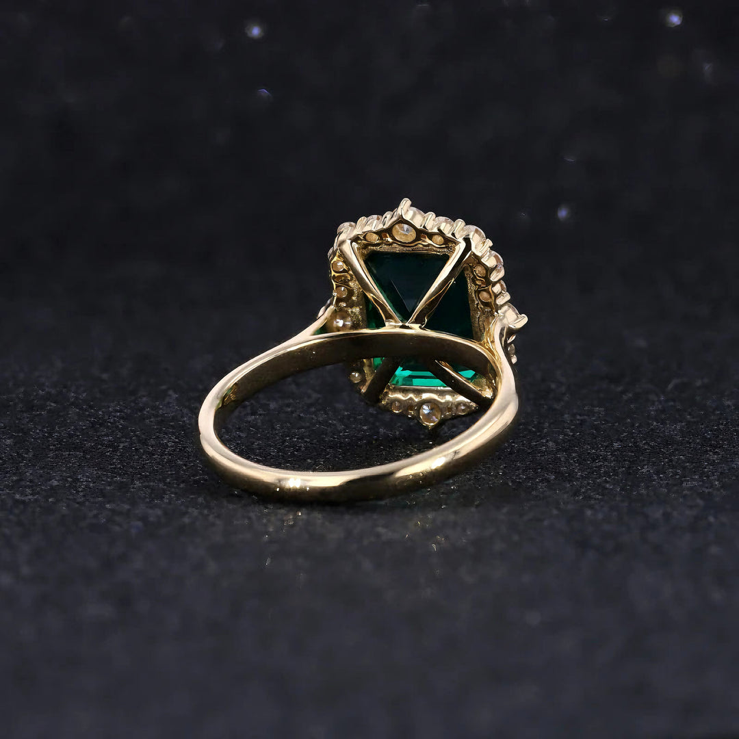 9x11mm, 4.60ct Lab-Grown Zambian Emerald with Diamond Halo Ring in 18K Yellow Gold