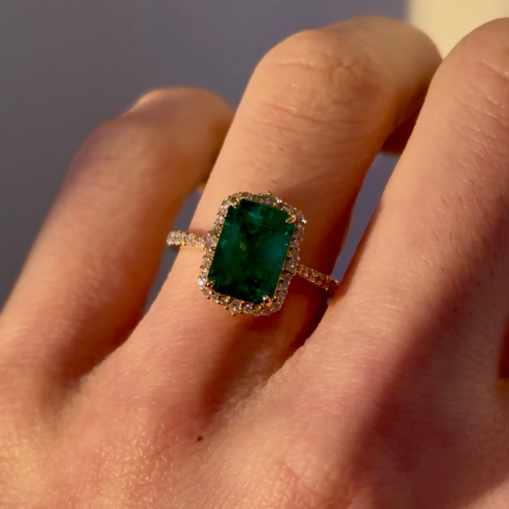 Customized™ 7.5x10.5mm, 2.85ct Natural Zambian Emerald with Natural Diamonds Ring in 18K Solid Yellow Gold