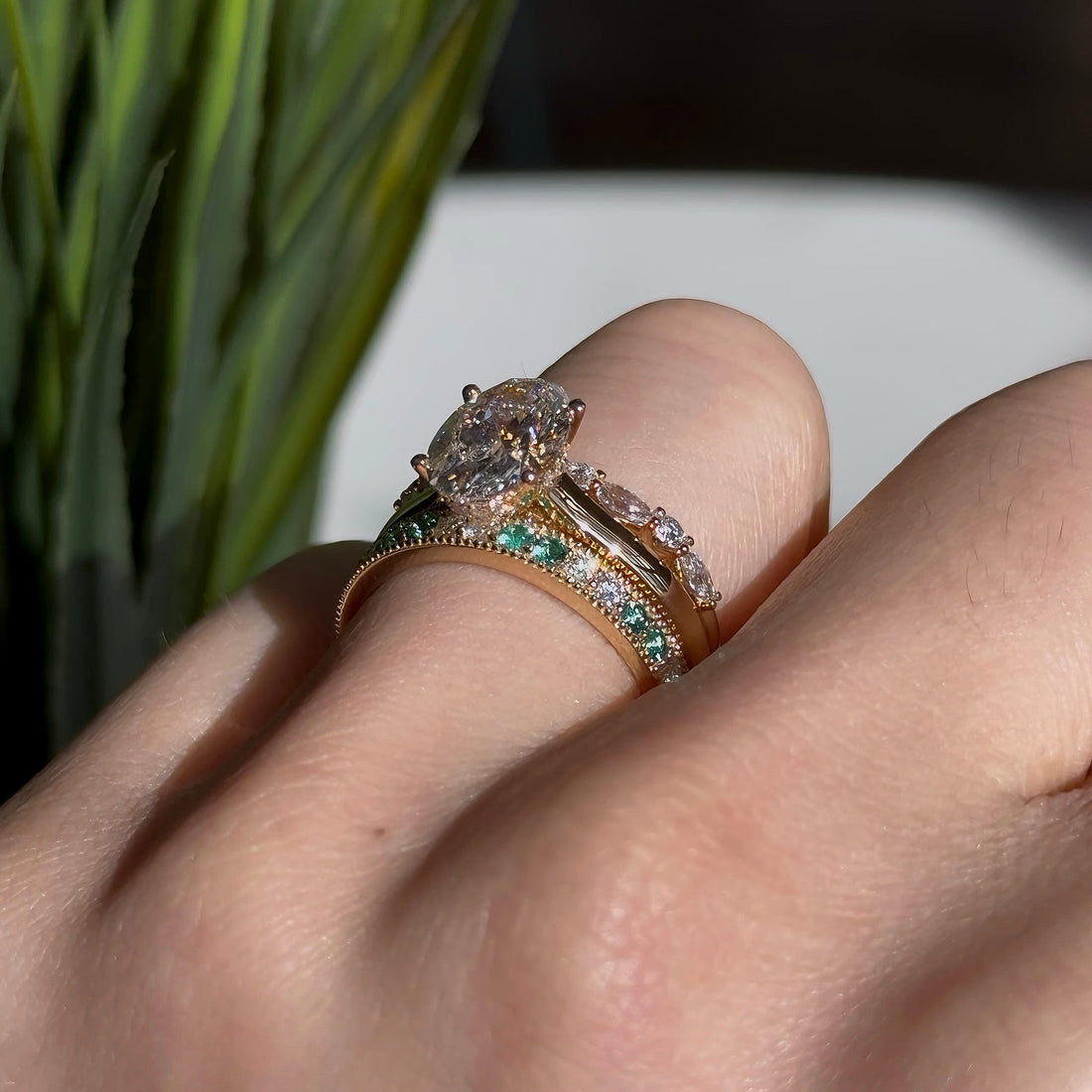Lab emerald and diamond vintage eternity band, 2.5mm, view 7