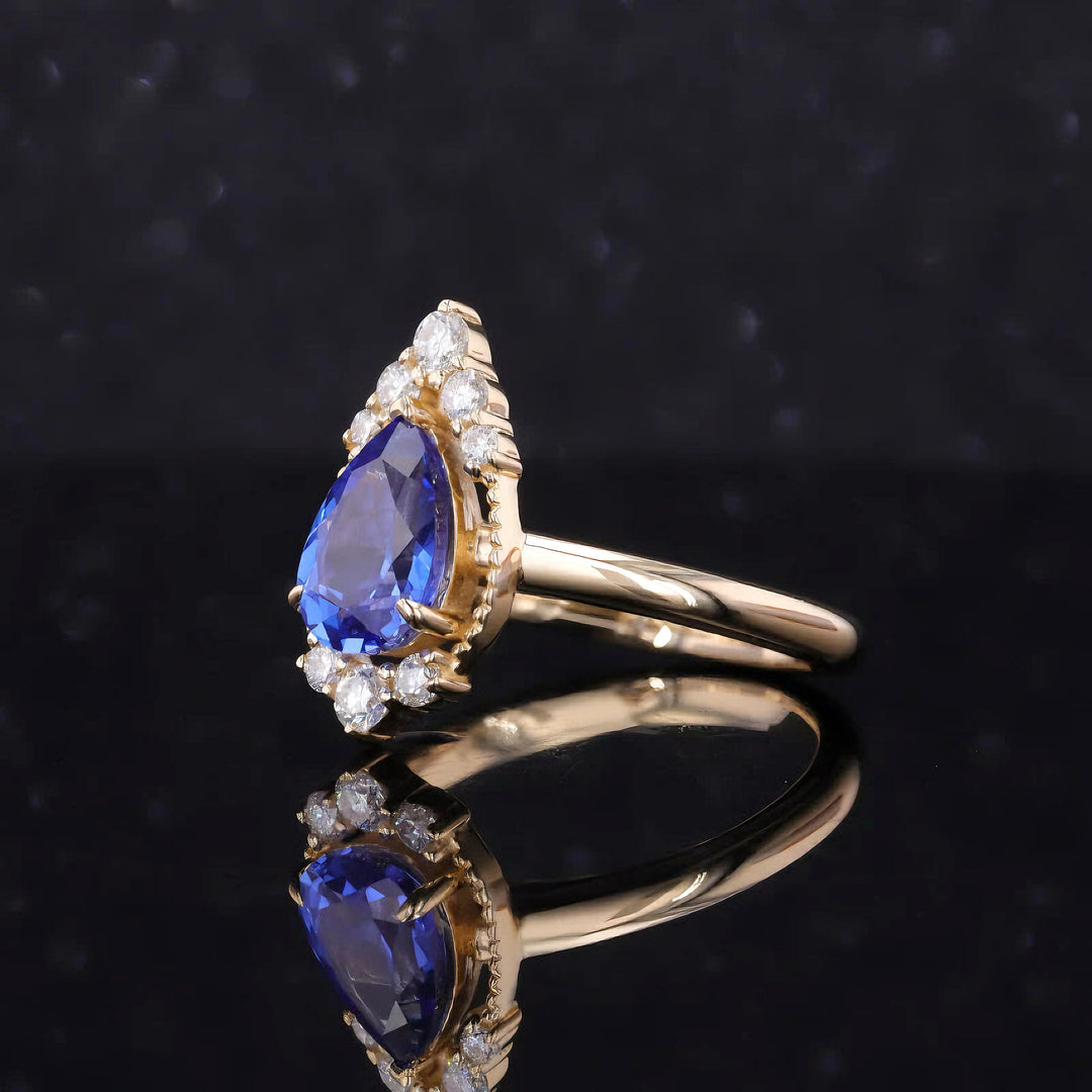 The Teardrop — Blue Pear Sapphire with Diamond Halo Ring