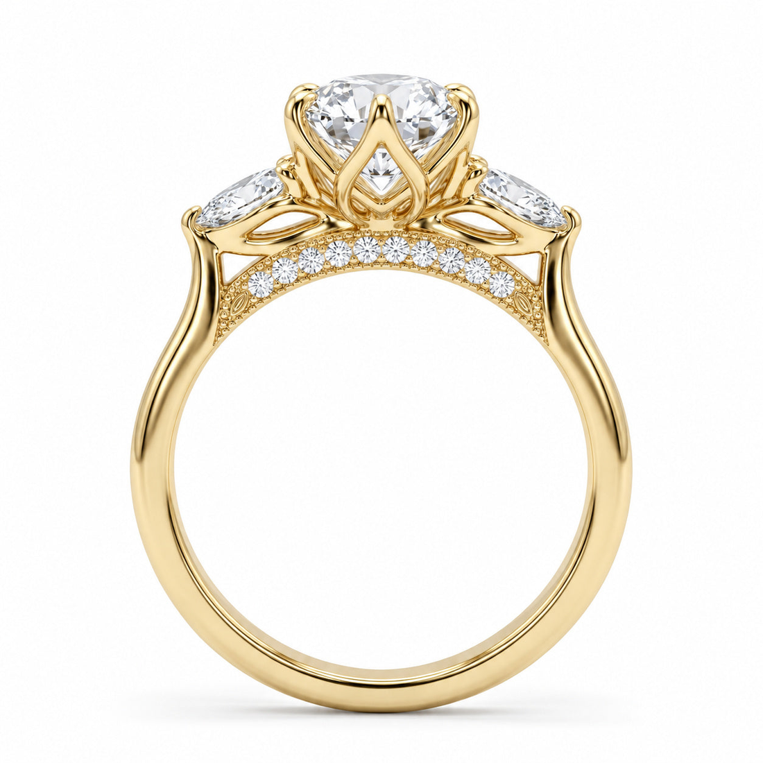 Lotus Lace Trilogy oval and pear lab diamond three-stone ring, view 2