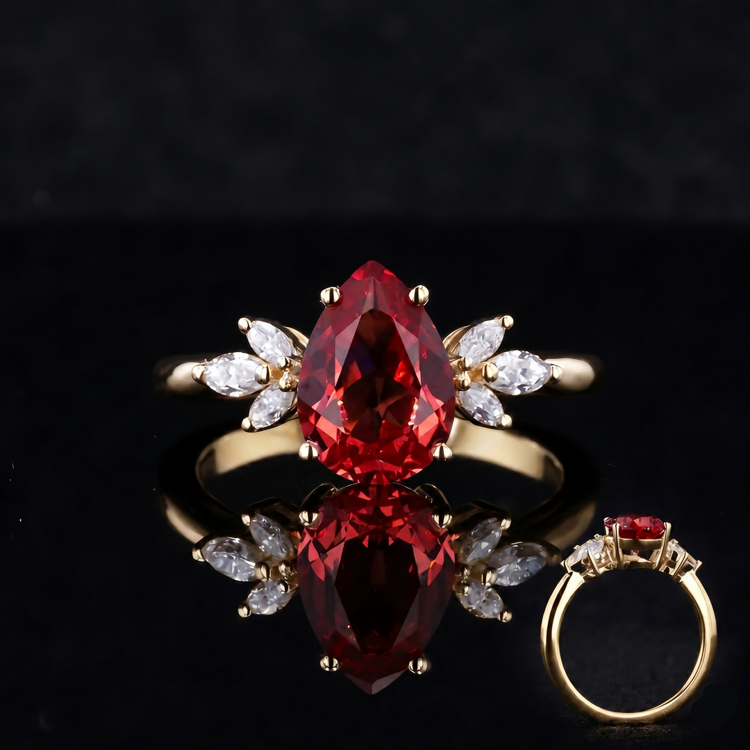 The Ember Laurel — Marquise Diamond Accent Pear Ruby Ring