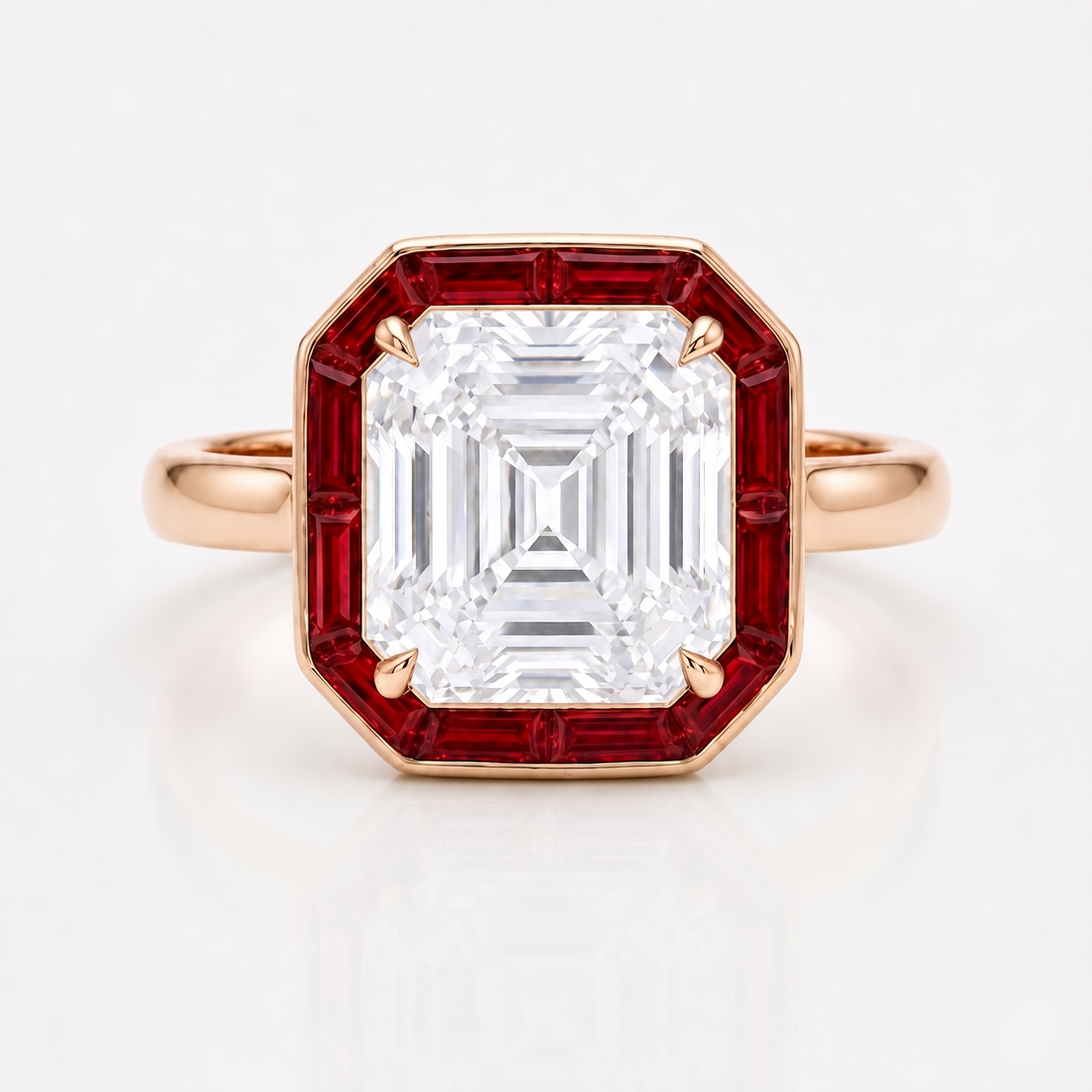 The Regent Asscher lab diamond ring with ruby halo in 14K rose gold