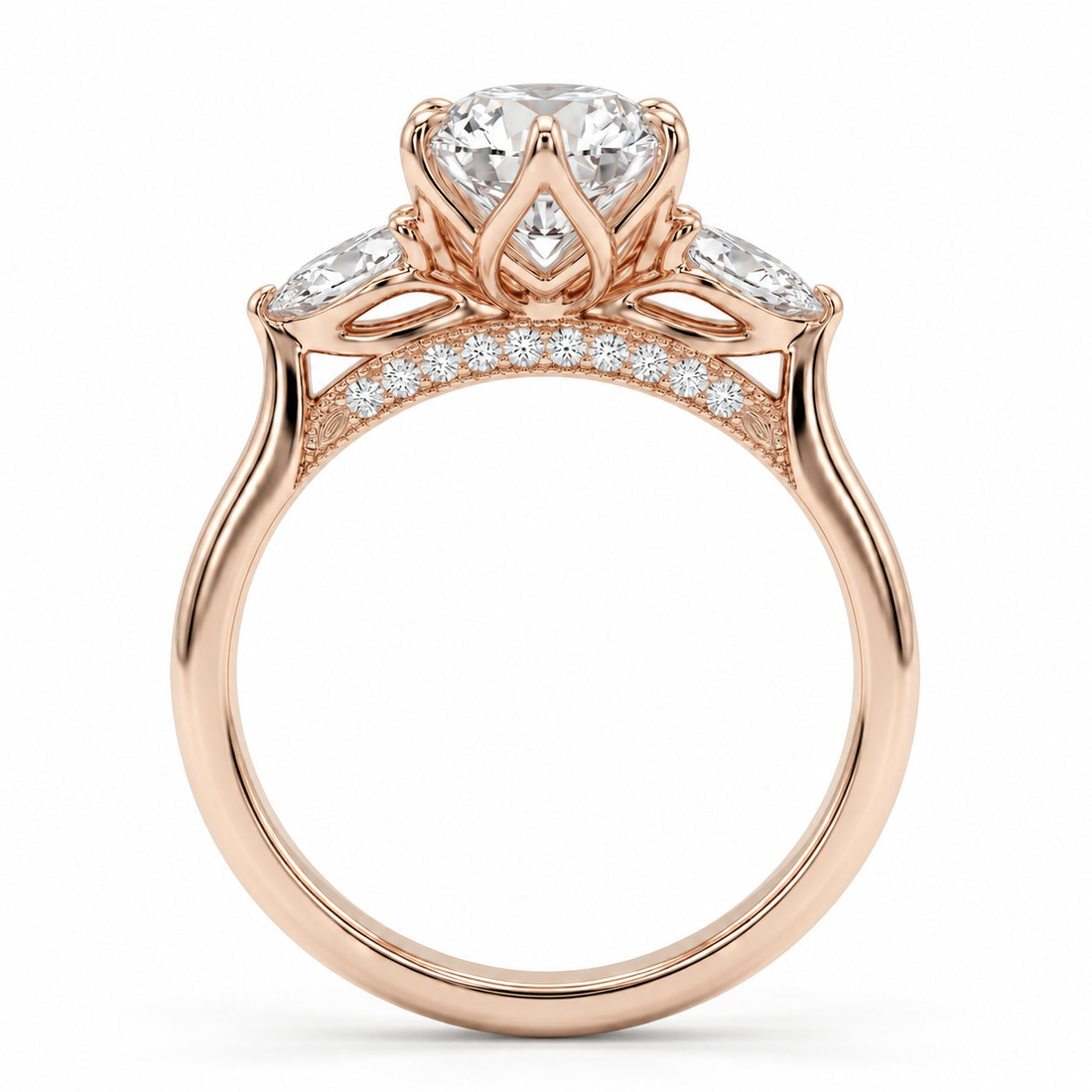 Lotus Lace Trilogy oval and pear lab diamond three-stone ring, view 9