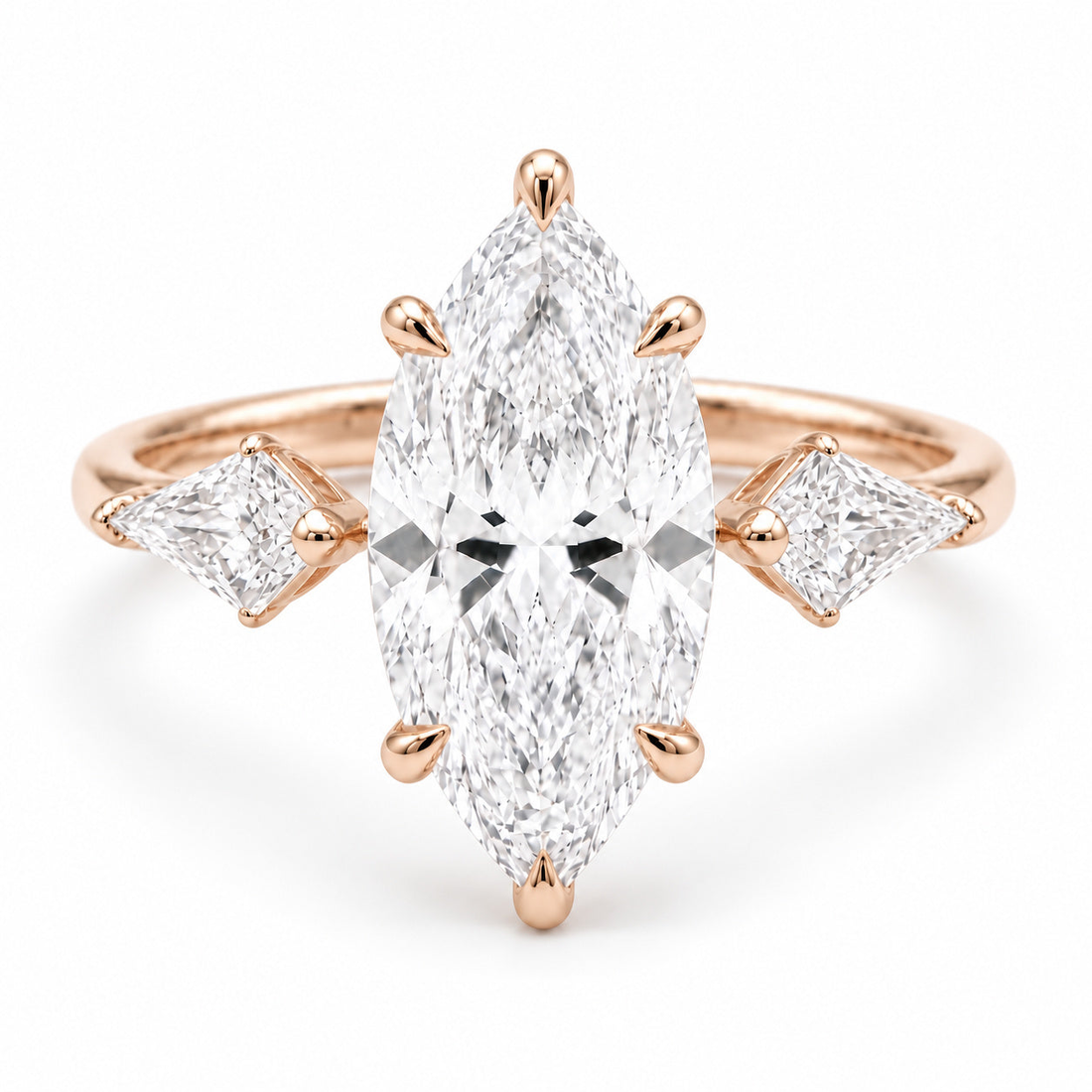 The Seraphine marquise lab diamond three-stone ring in 14K rose gold