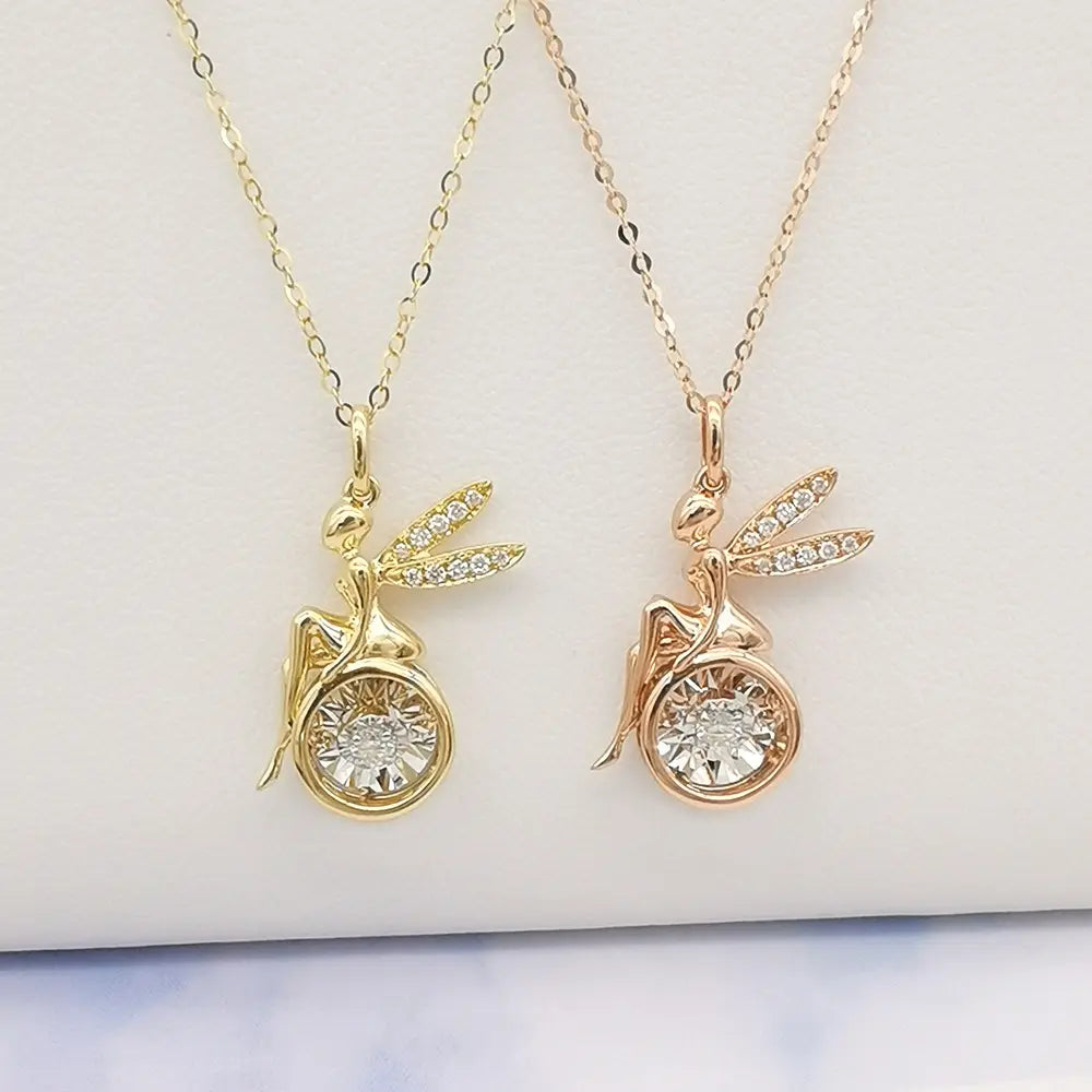 Fairy Pendant Necklace with 0.05ct Dancing Diamond in 18K Solid Yellow Gold