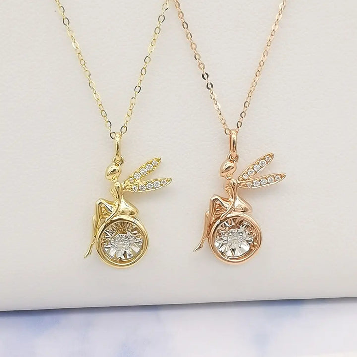 Fairy Pendant Necklace with 0.05ct Dancing Diamond in 18K Solid Yellow Gold