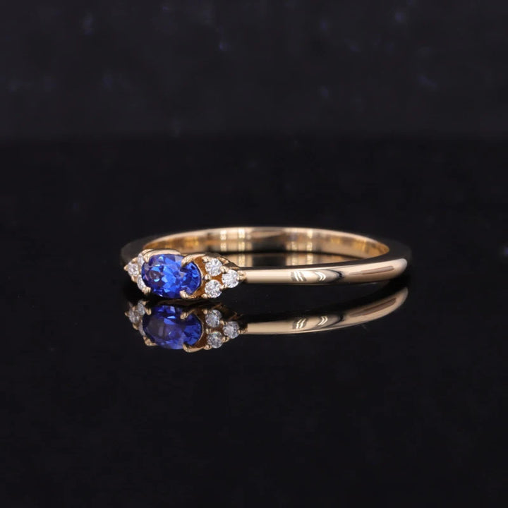 3x5mm, 0.3ct Oval Lab-Grown Blue Sapphire Ring with Diamond Accents in 14K Yellow Gold