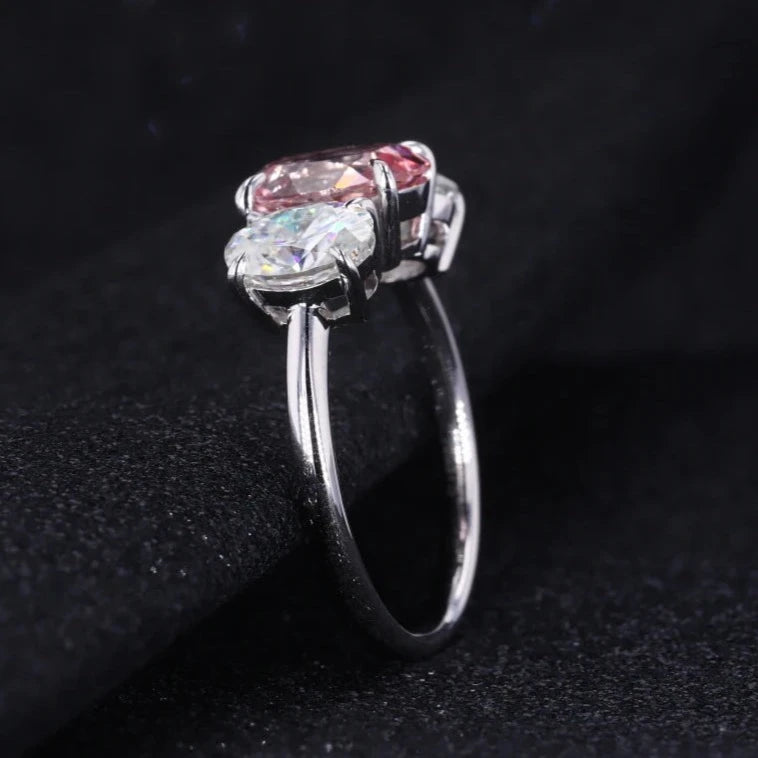 7x9mm, 2.50ct Oval Lab-Grown Sakura Pink Sapphire with Diamonds Three-Stone Ring in 14K White Gold