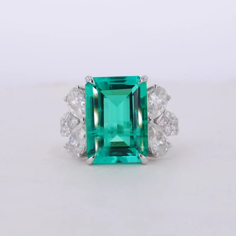 10x14mm, 7.30ct Lab-Grown Colombian Emerald with Pear/Round Cut Accent Diamond Ring in 14K White Gold