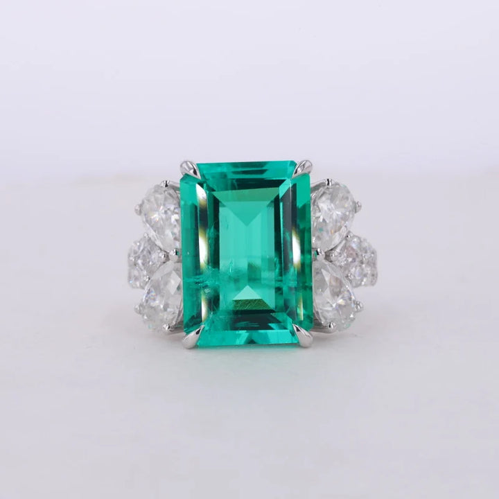 10x14mm, 7.30ct Lab-Grown Colombian Emerald with Pear/Round Cut Accent Diamond Ring in 14K White Gold