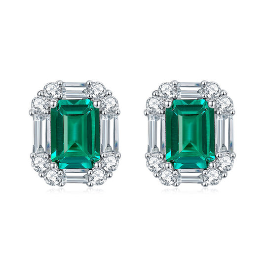 6*8mm Emerald Cut Lab-Grown Zambian Emerald Earrings with Baguette and Round Moissanite Accents