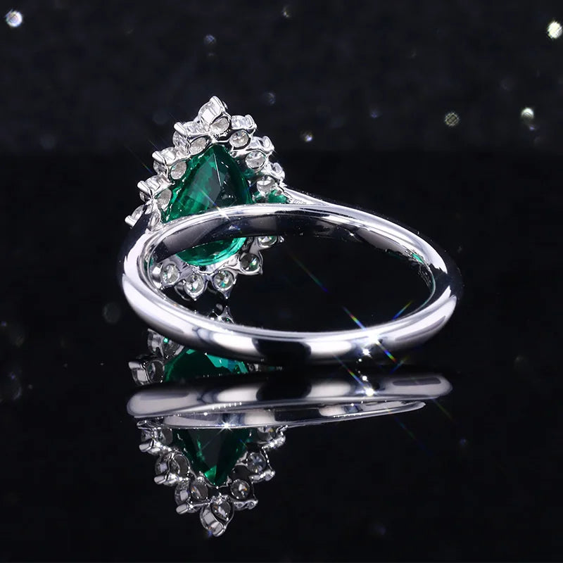 7*10mm Pear Cut Emerald with 2mm Moissanite Halo Ring in 14K Solid White/Yellow/Rose Gold
