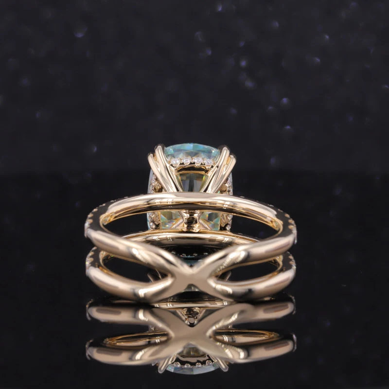 9*11mm Cushion Cut Sapphire with Hidden-Halo Double Band Half-Eternity Ring in 10K Solid Yellow Gold