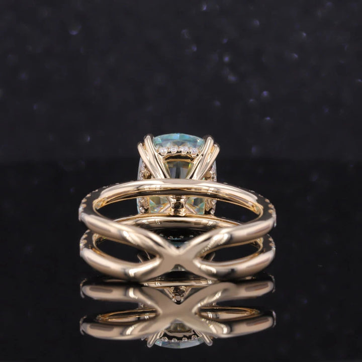 9x11mm, 5.90ct Cushion Lab-Grown Light Blue Sapphire with Hidden-Halo/Double Band Half-Eternity Ring in 10K Yellow Gold