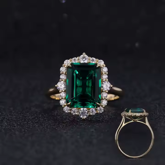 9x11mm, 4.60ct Emerald Cut Zambian Emerald Diamond Halo Ring in 18K Solid Yellow Gold