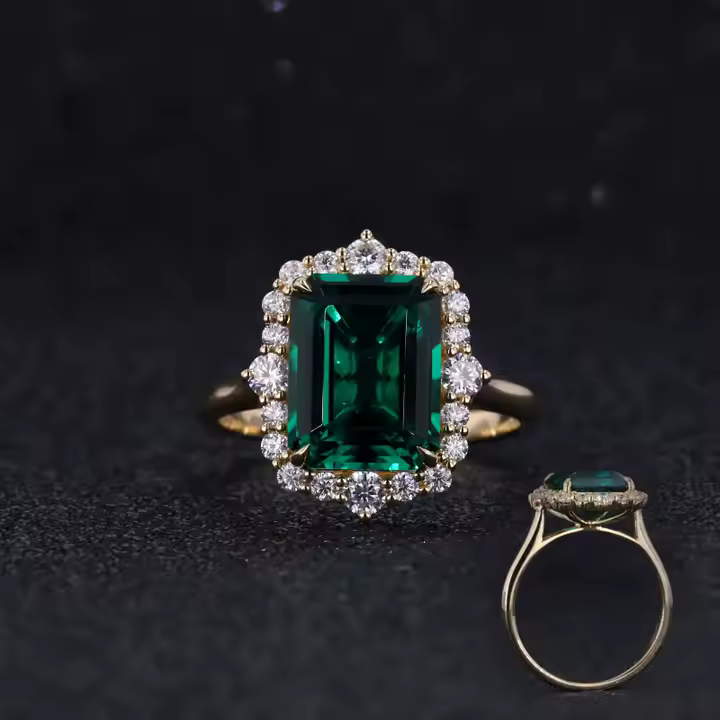 9x11mm, 4.60ct Lab-Grown Zambian Emerald with Diamond Halo Ring in 18K Yellow Gold