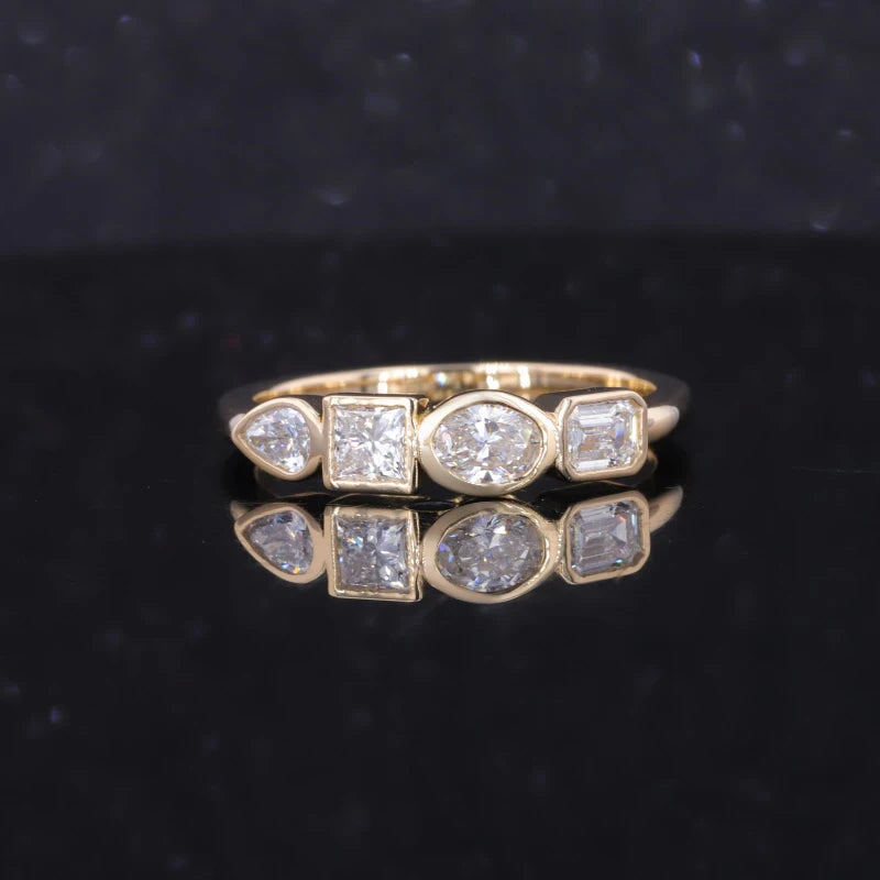 Four Stone (Pear, Princess, Oval, Emerald Cut) Moissanite Ring in 10K Solid Yellow Gold