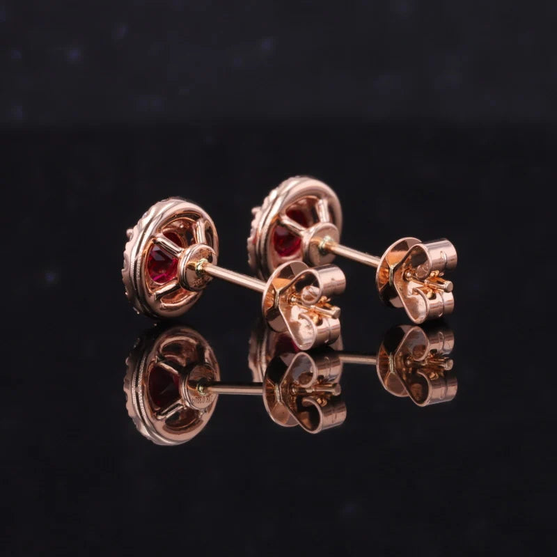 4.5mm (0.5ct each, 1ct total) Blood Red Round Cut Red Ruby Halo Moissanite Earring in 14K Solid Rose Gold