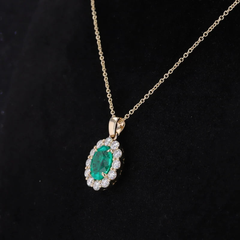 7*7mm Oval Cut Columbian Green Emerald Pendant with Moissanite Halo with Rolo Chain in 10K Solid Yellow Gold
