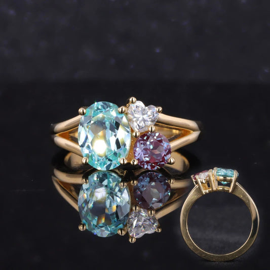 7*9mm Oval Cut Paraiba,4*4mm Round Cut Alexandrite, 4mm Heart Cut Moissanite Three Stone Toi Et Moi Ring in Solid 18K Yellow Gold