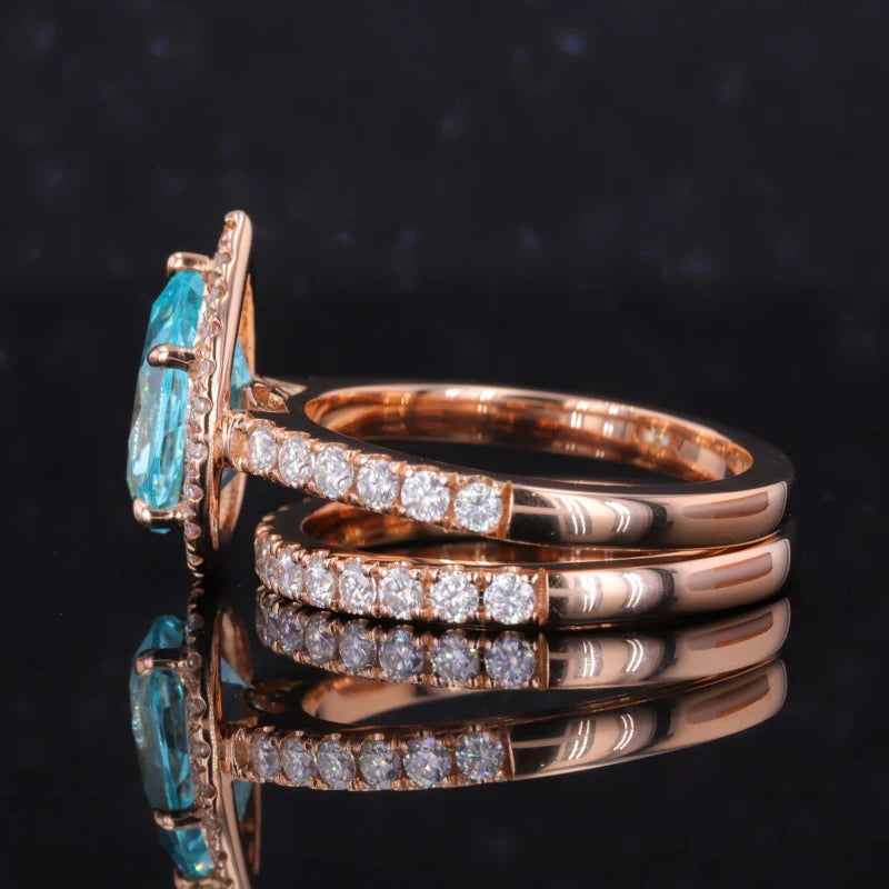 7*10mm Pear Cut Paraiba Moissanite Halo Half Eternity Ring with Staking Wedding Band in 18K Solid Rose Gold