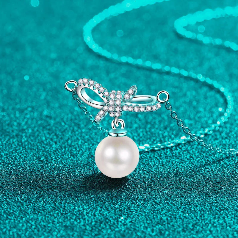 8mm Pearl and Moissanite Dangle Ribbon Pendant Necklace in Platinum Plated 925 Silver