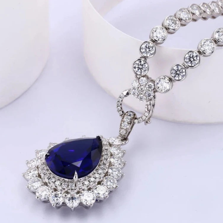 12x16mm, 9.00ct Pear Lab-Grown Blue Sapphire Pendant with Bezel-Set Moissanite Tennis Necklace with 10K White Gold