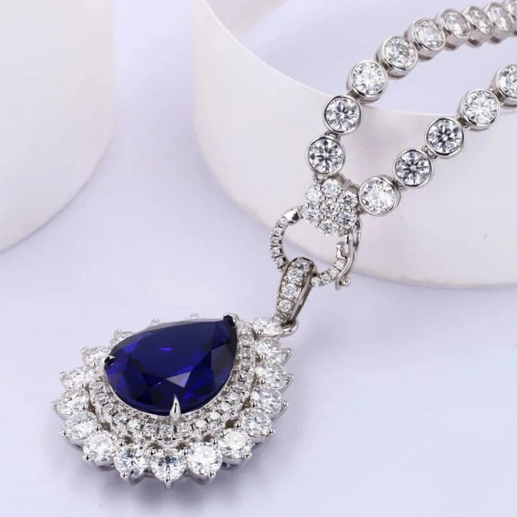 Sapphire Pear Pendant with Bezel Set Moissanite Tennis Necklace with 10K White/Yellow Gold