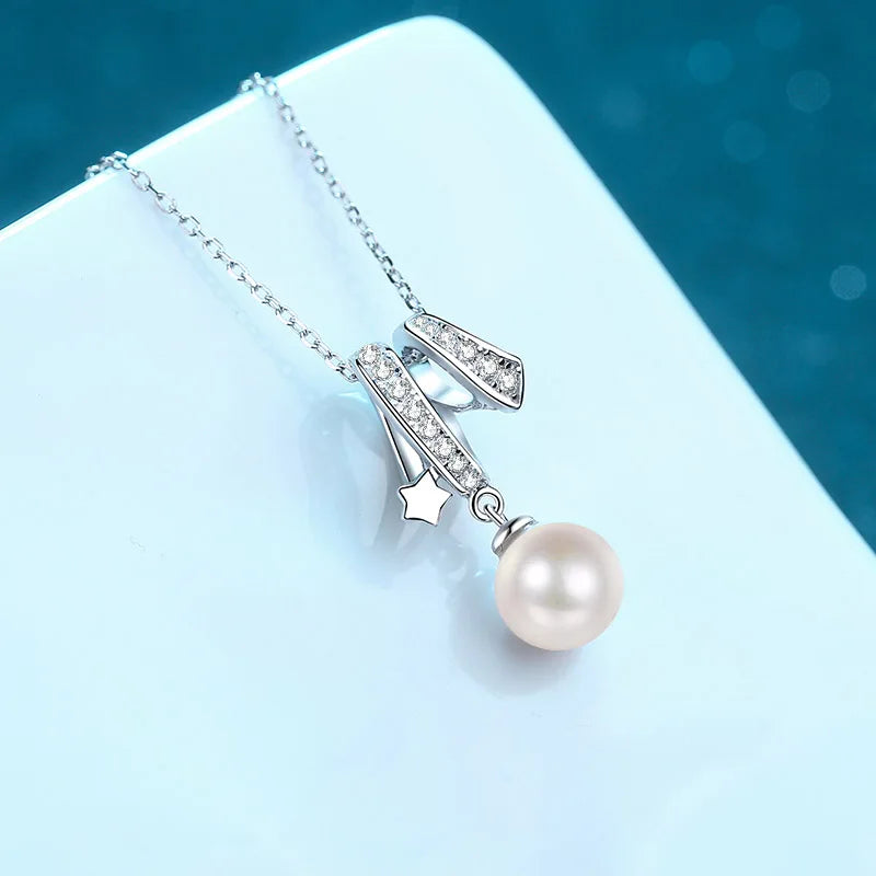 8mm Pearl and Moissanite Collarbone Cross Pendant Necklace in Platinum Plated 925 Silver