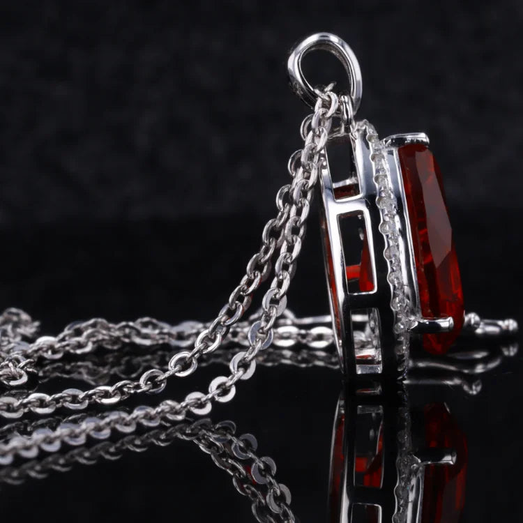 9x13mm, 7.00ct Pear Lab-Grown Red Ruby with Diamond Halo Pendant Necklace in Platinum
