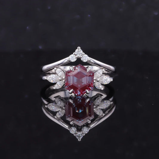 7mm Hexagon Cut Alexandrite with Diamond Ring with Diamond Staking Ring in 14K Solid White Gold