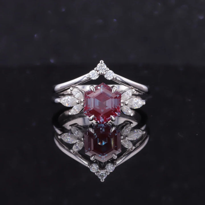 7mm Hexagon Cut Alexandrite with Diamond Ring with Diamond Staking Ring in 14K Solid White Gold