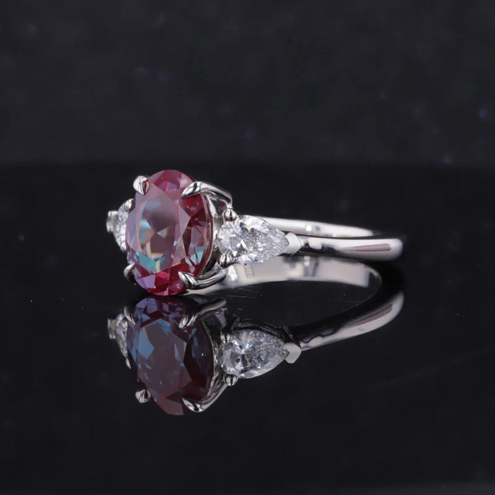 8*10mm Oval Cut Alexandrite with Pear Cut Diamond Three Stone Ring in Solid Platinum 950
