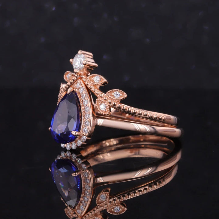 6x9mm, 2.00ct Pear Lab-Grown Blue Sapphire with Diamond Halo Ring with Stacking Ring in 18K Rose Gold