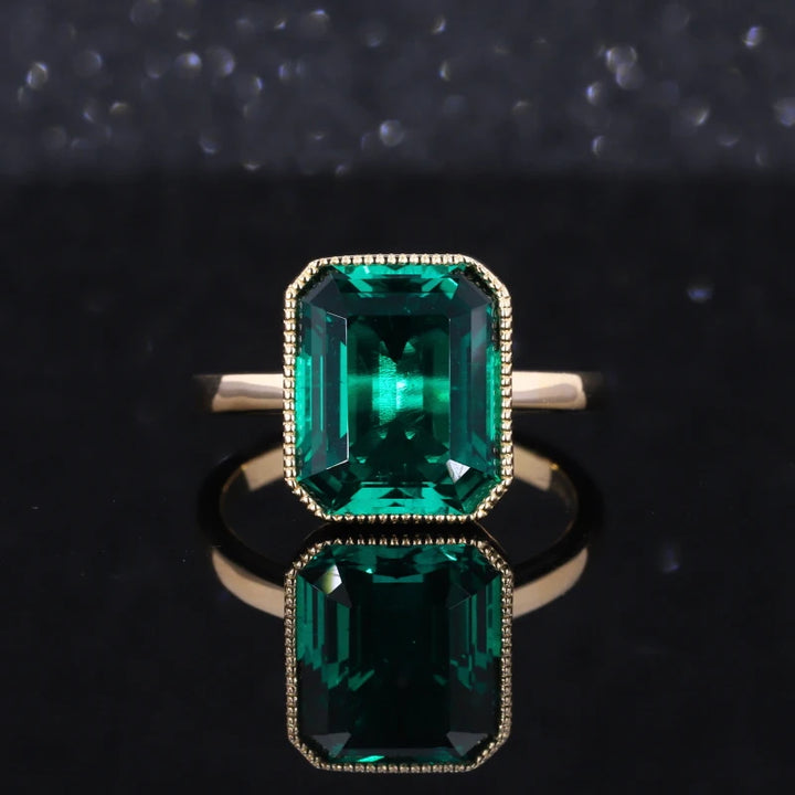 9x11mm, 4.60ct Emerald Lab-Grown Zambian Emerald Bezel-Set Ring in 14K Yellow Gold