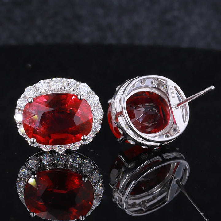 5x7mm, 1.25ct Each Oval Lab-Grown Blood Red Ruby with Diamond Halo Earrings in 18K White Gold