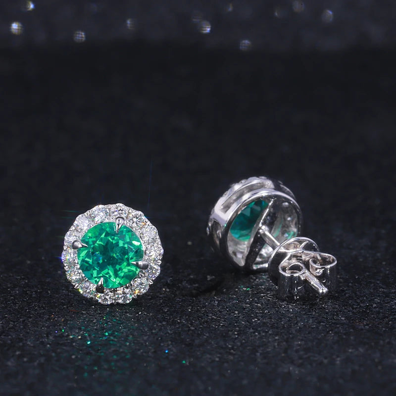 5mm Round Cut Emerald with Moissanite Halo Earrings in 18K Solid White Gold