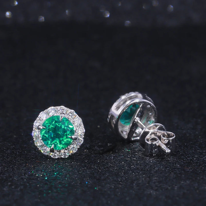 5mm, 0.5ct Each Round Lab-Grown Colombian Emerald with Diamond Halo Earrings in 18K White Gold