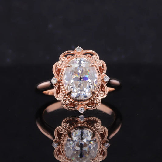 7*9mm Old Mine Oval Cut Moissanite Half-Halo in 14K Solid Rose Gold